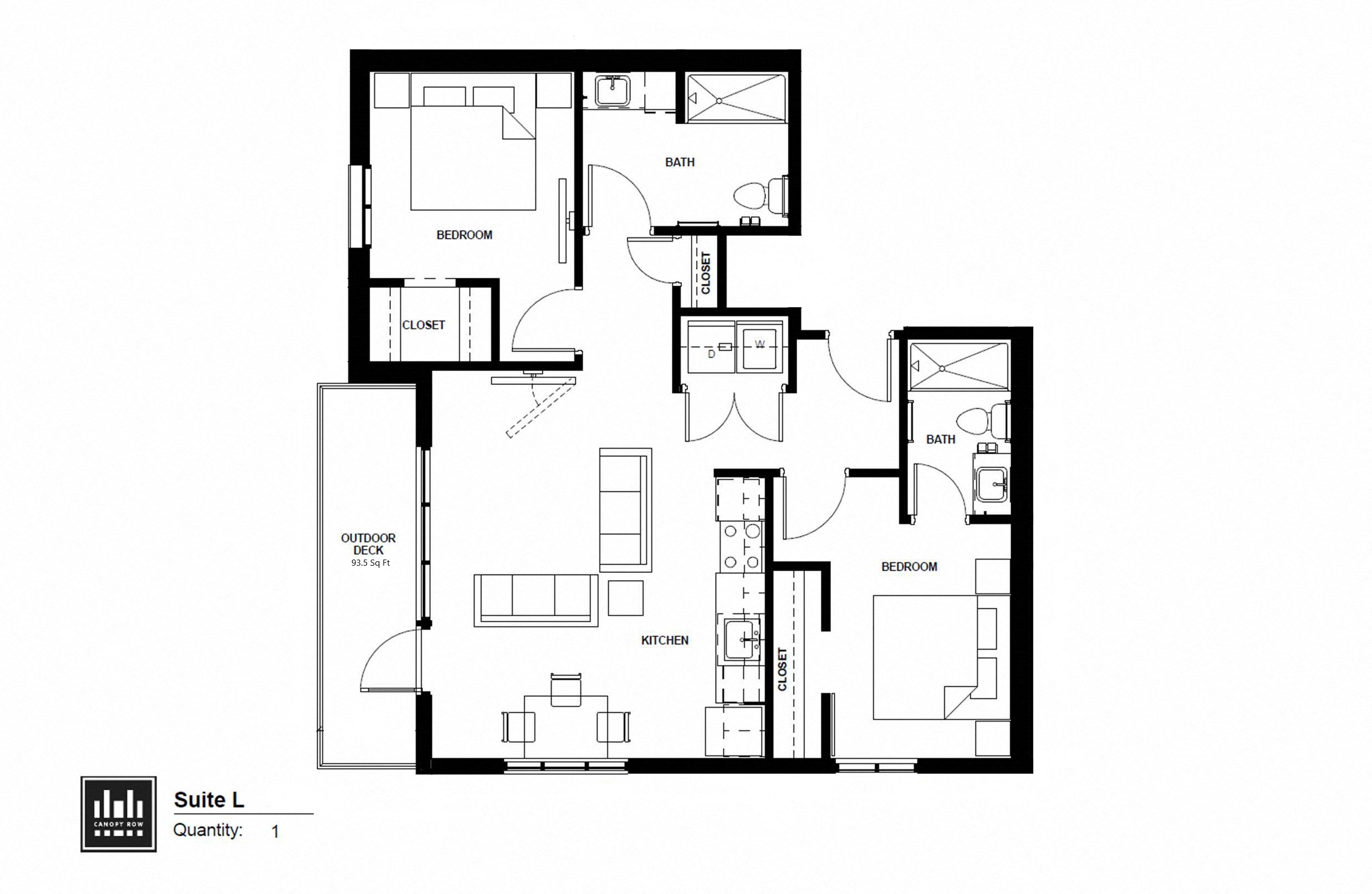 Floor plan for 2 beds, 2 baths, 924 sqft